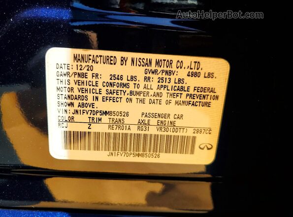 JN1FV7DP5MM850526 2021 INFINITI Q50 Blue Vista de la etiqueta del VIN