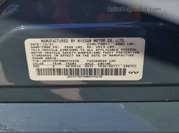 JN1FV7DP9NM370278 2022 INFINITI Q50 Turquoise Vista del compartimento del motor