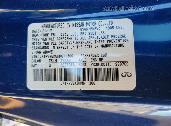 JN1FV7EK8HM611366 2017 INFINITI Q60 Blue VIN კოდის სტიკერის ხედი