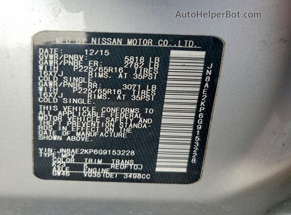 JN8AE2KP6G9153228 2016 NISSAN QUEST Silver Vista de la etiqueta del VIN