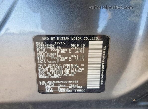 JN8AE2KP8G9154168 2016 NISSAN QUEST Gray VIN կոդի պիտակի տեսք