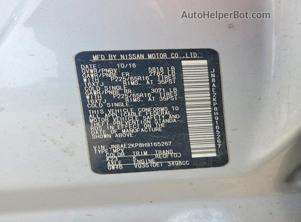JN8AE2KP8H9165267 2017 NISSAN QUEST Silver Widok naklejki z numerem VIN