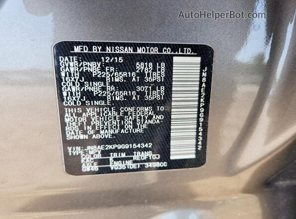 JN8AE2KP9G9154342 2016 NISSAN QUEST Gray VIN კოდის სტიკერის ხედი