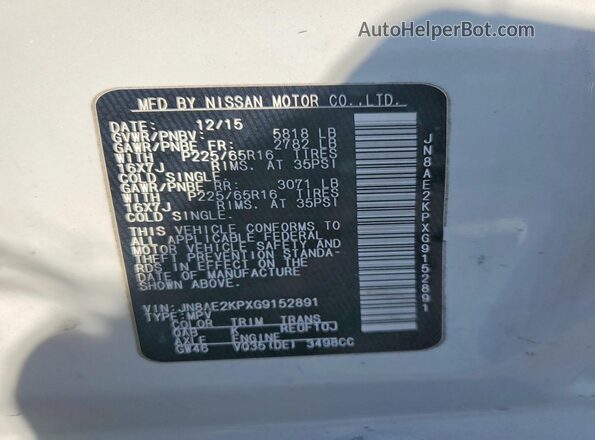 JN8AE2KPXG9152891 2016 NISSAN QUEST White Widok wnętrza 360 stopni