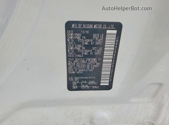 JN8AE2KPXH9167215 2017 NISSAN QUEST White Vista de la etiqueta del VIN