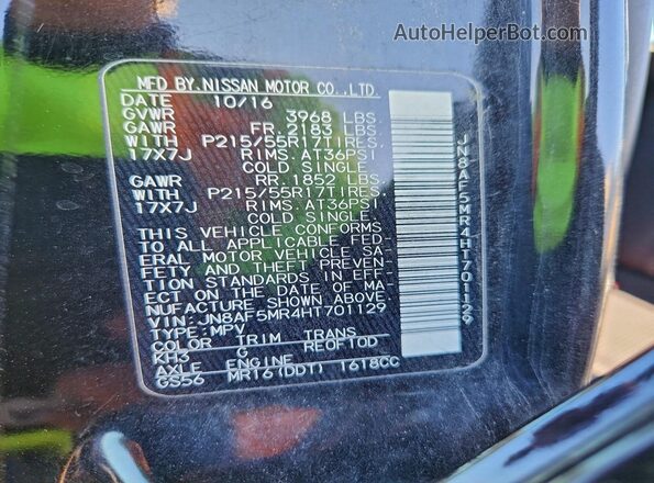 JN8AF5MR4HT701129 2017 NISSAN JUKE Black Вид наклейки з VIN-кодом