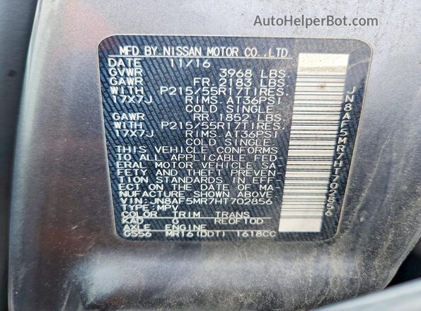 JN8AF5MR7HT702856 2017 NISSAN JUKE Gray Vista de la etiqueta del VIN