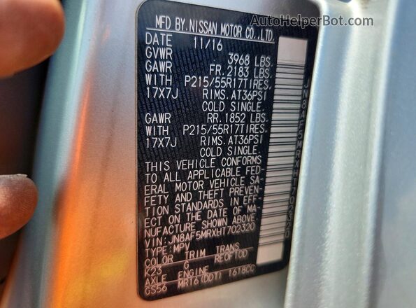 JN8AF5MRXHT702320 2017 NISSAN JUKE Silver Вид підкапотного простору