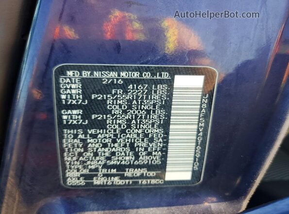 JN8AF5MV4GT659105 2016 NISSAN JUKE Blue VIN კოდის სტიკერის ხედი