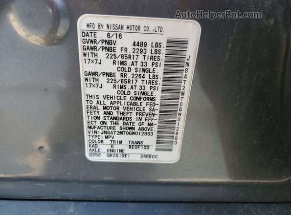 JN8AT2MT0GW012883 2016 NISSAN ROGUE Gray Vista de la etiqueta del VIN