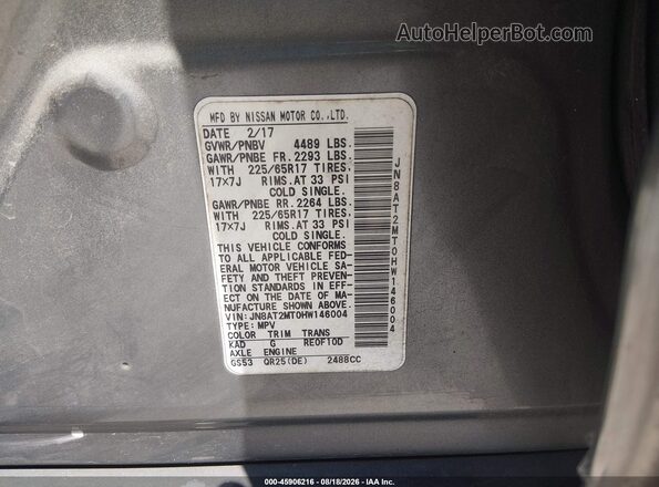 JN8AT2MT0HW146004 2017 NISSAN ROGUE Gray Widok komory silnika