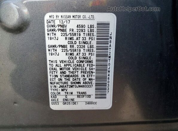 JN8AT2MT0JW460337 2018 NISSAN ROGUE Gray Widok naklejki z numerem VIN