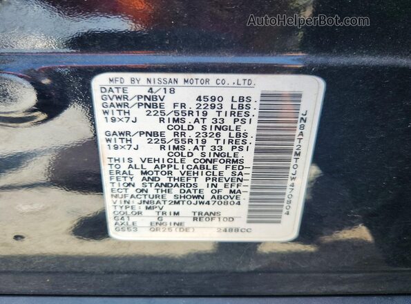 JN8AT2MT0JW470804 2018 NISSAN ROGUE Black Vista de la etiqueta del VIN