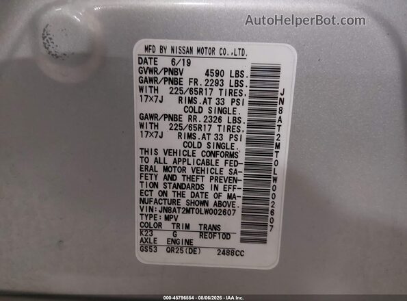JN8AT2MT0LW002607 2020 NISSAN ROGUE Silver Շարժիչի բաժամունքի տեսք