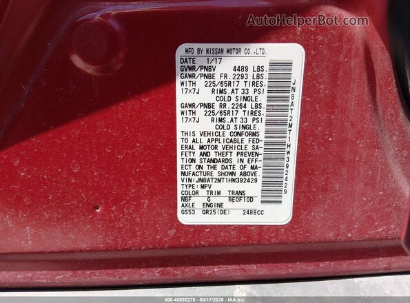 JN8AT2MT1HW392429 2017 NISSAN ROGUE Красный Вид подкапотного пространства