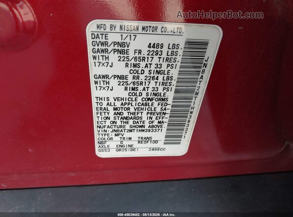JN8AT2MT1HW393371 2017 NISSAN ROGUE Red Widok komory silnika