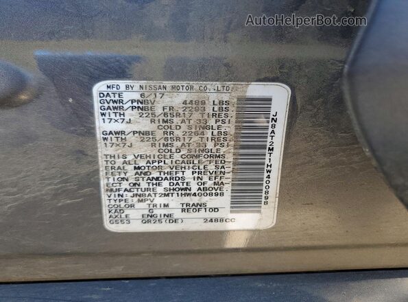 JN8AT2MT1HW400898 2017 NISSAN ROGUE Gray Vista interior de 360 grados