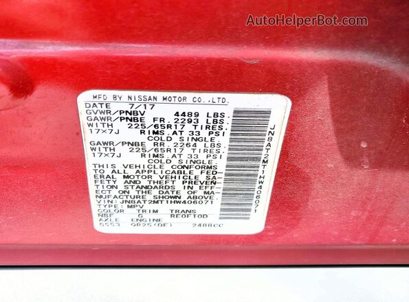 JN8AT2MT1HW406071 2017 NISSAN ROGUE Burgundy Widok naklejki z numerem VIN