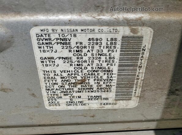 JN8AT2MT1KW253442 2019 NISSAN ROGUE Silver Widok naklejki z numerem VIN