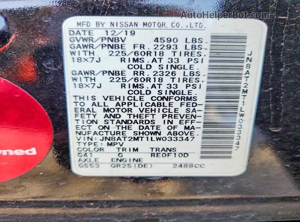 JN8AT2MT1LW033347 2020 NISSAN ROGUE Black Vista de la etiqueta del VIN