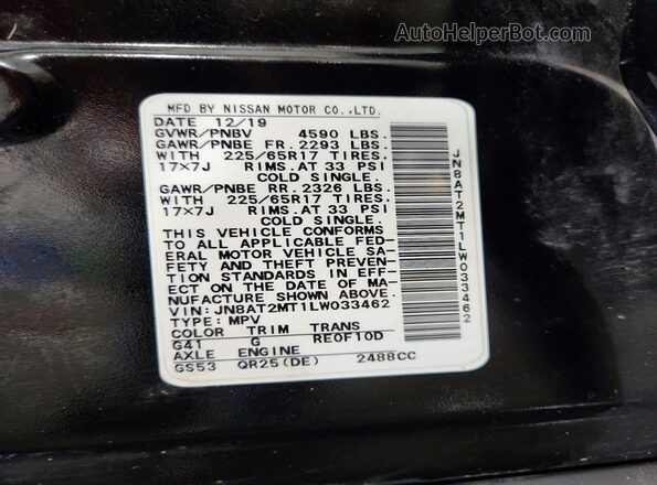 JN8AT2MT1LW033462 2020 NISSAN ROGUE Black Вид наклейки з VIN-кодом