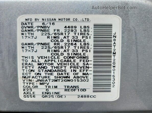 JN8AT2MT2GW015302 2016 NISSAN ROGUE Silver VIN კოდის სტიკერის ხედი