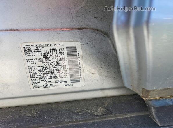 JN8AT2MT2GW025800 2016 NISSAN ROGUE Серебряный Вид наклейки с VIN-кодом