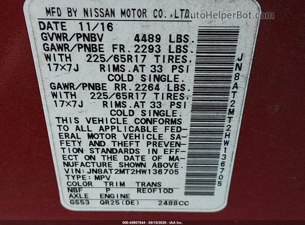 JN8AT2MT2HW136705 2017 NISSAN ROGUE Burgundy Widok komory silnika