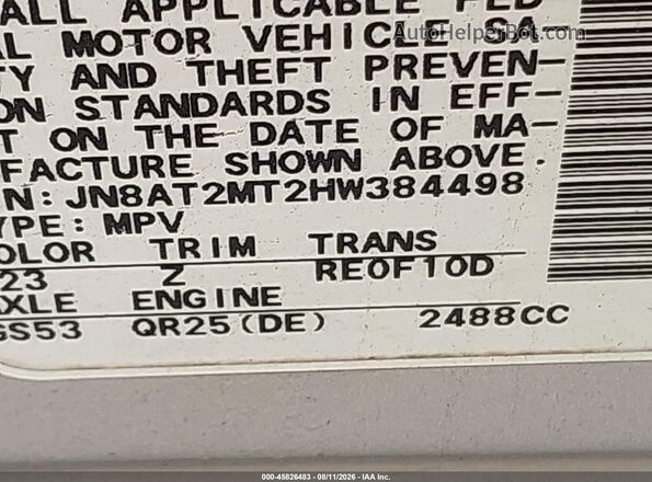 JN8AT2MT2HW384498 2017 NISSAN ROGUE Silver Շարժիչի բաժամունքի տեսք