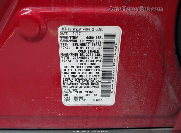 JN8AT2MT2HW392973 2017 NISSAN ROGUE Red Vista del compartimento del motor
