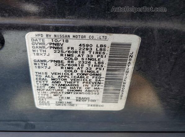 JN8AT2MT2KW505392 2019 NISSAN ROGUE Black VIN կոդի պիտակի տեսք