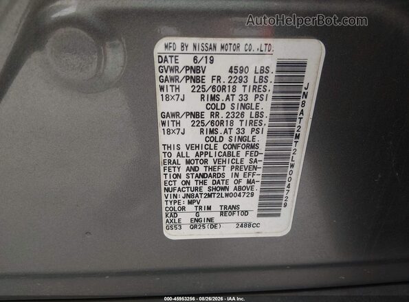 JN8AT2MT2LW004729 2020 NISSAN ROGUE Gray ძრავის განყოფილების ხედი