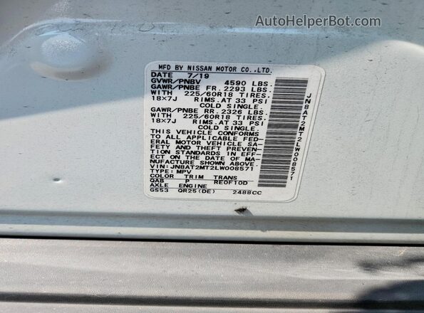 JN8AT2MT2LW008571 2020 NISSAN ROGUE White ძრავის განყოფილების ხედი