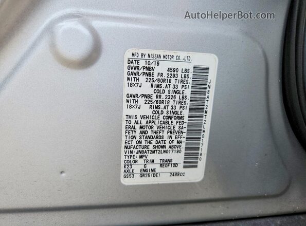 JN8AT2MT2LW017190 2020 NISSAN ROGUE Silver სალონის 360-გრადუსიანი ხედი