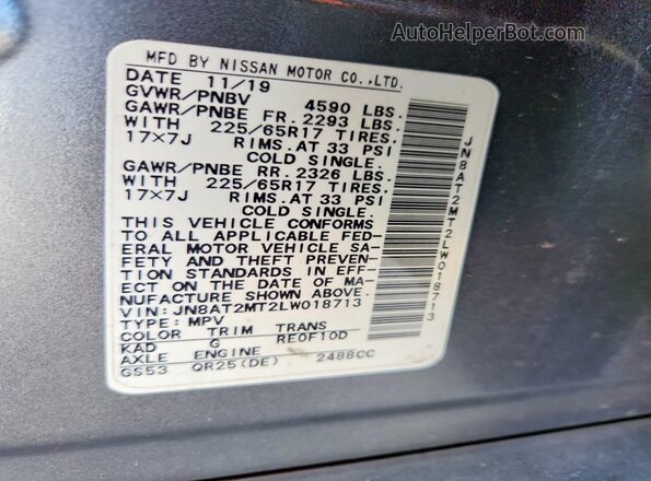 JN8AT2MT2LW018713 2020 NISSAN ROGUE Gray VIN კოდის სტიკერის ხედი