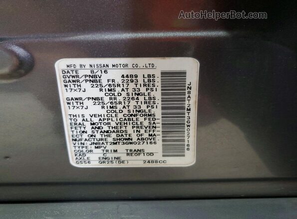 JN8AT2MT3GW027166 2016 NISSAN ROGUE Gray ძრავის განყოფილების ხედი