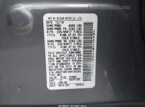 JN8AT2MT3HW140262 2017 NISSAN ROGUE Gray Widok komory silnika