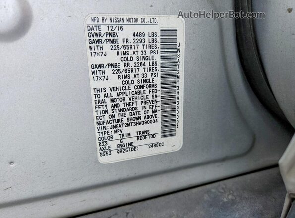 JN8AT2MT3HW390004 2017 NISSAN ROGUE Silver Widok naklejki z numerem VIN