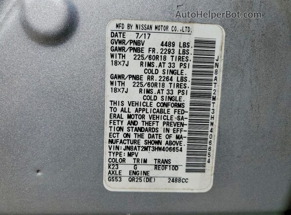 JN8AT2MT3HW406654 2017 NISSAN ROGUE Silver Widok naklejki z numerem VIN