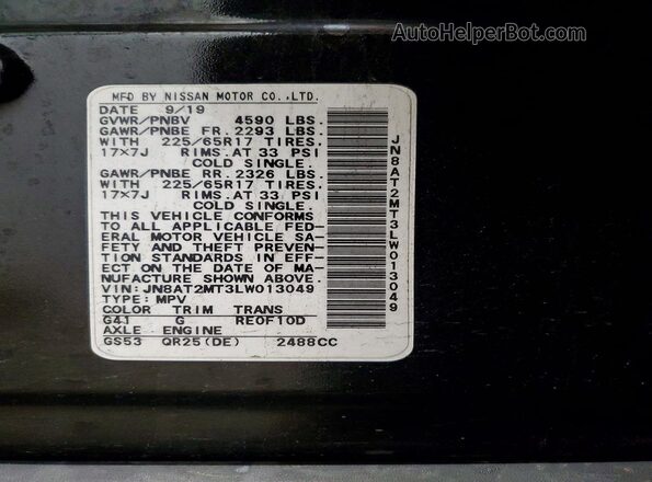 JN8AT2MT3LW013049 2020 NISSAN ROGUE Black Панорамний вид салону 360°