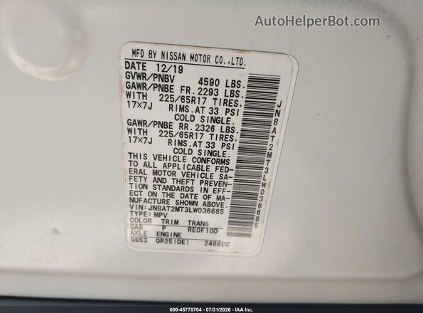 JN8AT2MT3LW036685 2020 NISSAN ROGUE White ძრავის განყოფილების ხედი