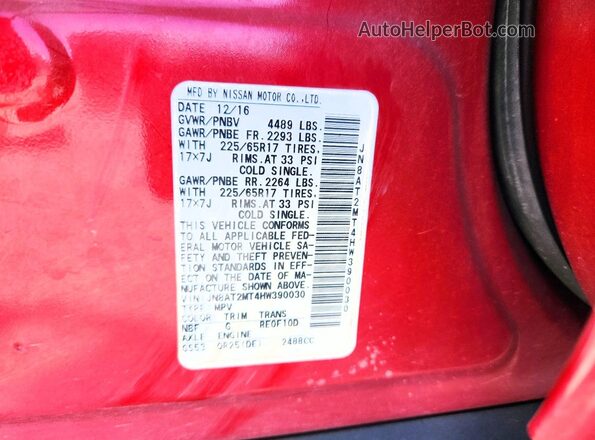 JN8AT2MT4HW390030 2017 NISSAN ROGUE Red Вид наклейки з VIN-кодом