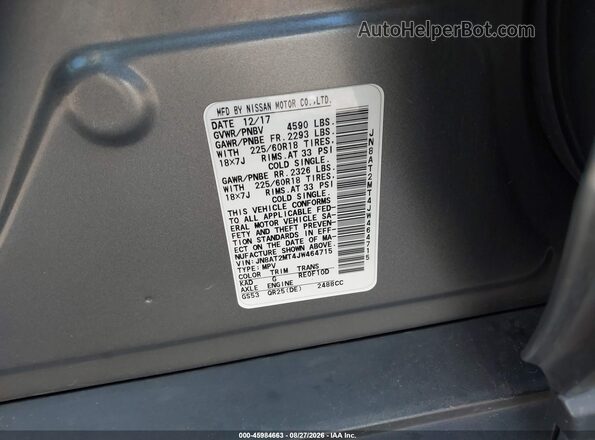 JN8AT2MT4JW464715 2018 NISSAN ROGUE Gray Engine compartment view