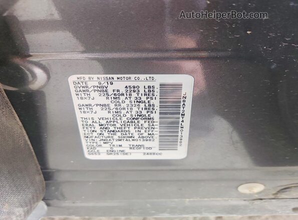 JN8AT2MT4LW013982 2020 NISSAN ROGUE Gray Widok naklejki z numerem VIN