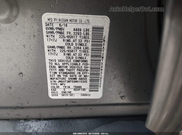 JN8AT2MT5GW010305 2016 NISSAN ROGUE Black Engine compartment view