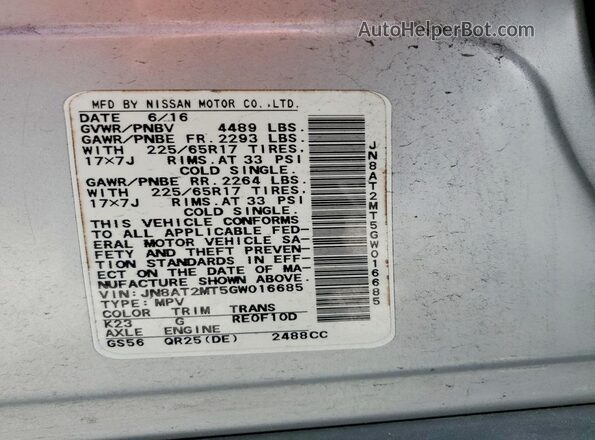 JN8AT2MT5GW016685 2016 NISSAN ROGUE Silver VIN կոդի պիտակի տեսք