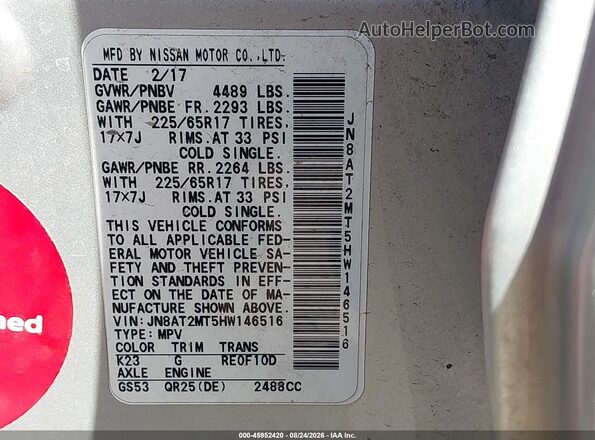 JN8AT2MT5HW146516 2017 NISSAN ROGUE Silver Շարժիչի բաժամունքի տեսք