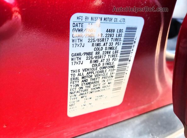 JN8AT2MT5HW386035 2017 NISSAN ROGUE Red Widok naklejki z numerem VIN