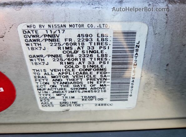 JN8AT2MT5JW459216 2018 NISSAN ROGUE Silver Widok naklejki z numerem VIN