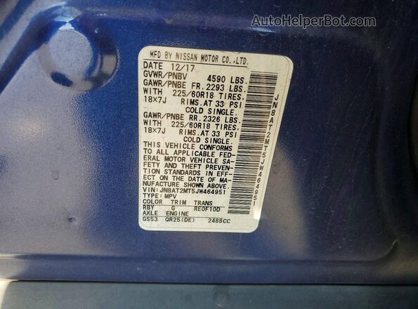JN8AT2MT5JW464951 2018 NISSAN ROGUE Blue Vista de la etiqueta del VIN